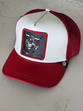 Goorin Bros LFG RAGING BULL 100% REAL Red & White Leather Trucker Hat Snapback